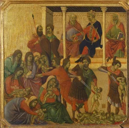 La matanza de los inocentes, detalle de la predela de la Maestà del retablo de Duccio en la catedral de Siena