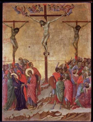 La crucifixión. A los lados, el buen ladrón (Dimas) y el ladrón impenitente (Gestas). Retablo de la Maestà