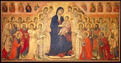 Virgen entronizada con el Niño, rodeada de Ángeles y Santos, panel central de la Maestà