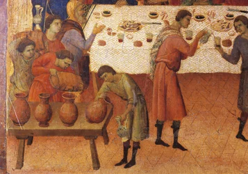 Boda en Caná, (detalle) de azulejo de Episodios de la Pasión y Resurrección de Cristo, superficie inversa de la Maestà del retablo de Duccio en la Catedral de Siena