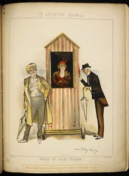 Una niña en un cambiador móvil, en la playa de la Riviera. Dos hombres, posiblemente los personajes, el juez y el capellán esperan afuera.