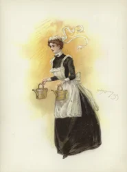 Mucama de hotel, llevando dos latas de agua