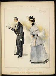 dos personajes Un hombre leyendo un libro y una dama.