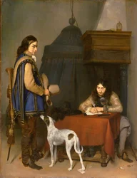 Oficial escribiendo una carta, con un trompetista