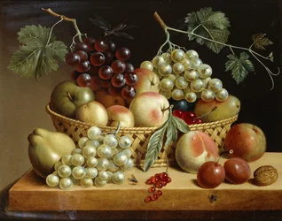 Una cesta de uvas, manzanas, duraznos y otras frutas en un borde, 1833