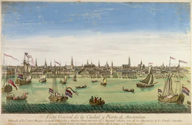 Vista General del Puerto y la Ciudad de Ámsterdam, grabado por D.G. Hucquier, siglo XVI