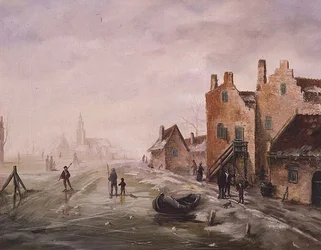 Paisaje invernal con figuras patinando en primer plano