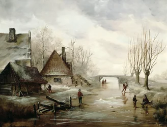 Un paisaje invernal con figuras patinando en primer plano