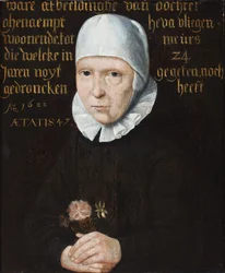 Retrato de una dama con cofia negra y blanca sosteniendo un ramillete