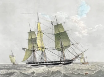 Corbeta de la marina estadounidense a vela, principios del siglo XIX (grabado)