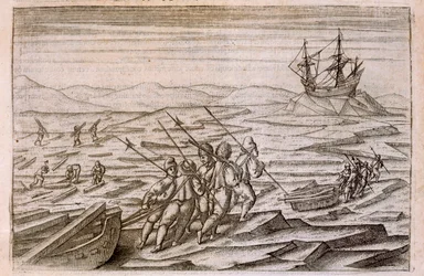 Recogiendo leña para la cabaña en la que la expedición pasó el invierno, ilustración de Diarium Nauticum, seu vera descriptio trium navigationum admirandarum... por Gerrit de Veer, 1598