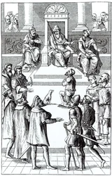Confesión para enmiendas ante el tribunal, después de un grabado en Praxis Rerum Criminalium de Joos de Damhouder (1507-81) publicado en Amberes, 1556