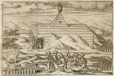 Tripulación matando y desollando osos, fuera de la cabaña en la que invernó la expedición, ilustración del 