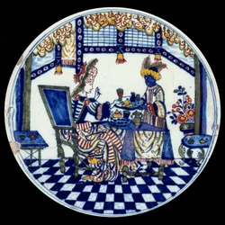 Plato de porcelana de Delft que representa a una mujer a la mesa servida por su criado negro. 1705, Sèvres, Museo Nacional de Cerámica