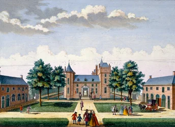 Fachada del Castillo de Assumburg, de Het Zeganpralent Kennemerlant por Hendrick de Leth y Matthias Brouerius Van Nidek, publicado c.1700-1730