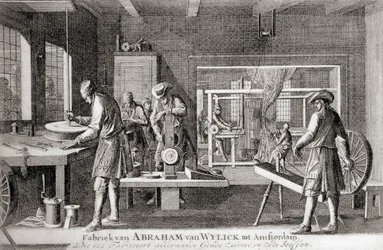 Fábrica de Abraham van Wylick, Industria de la seda de Amsterdam, de "Geschiedenis van Nederland", publ. 1936 (litografía)