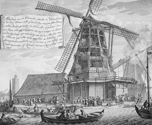 Luchando contra un incendio en un molino de viento cerca de Worden, de un libro sobre la lucha contra incendios en Holanda, publicado c.1700