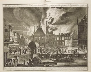 Incendio en el antiguo Ayuntamiento de Ámsterdam, 17 de julio de 1652, de un libro sobre la lucha contra incendios en Holanda, publicado c.1700