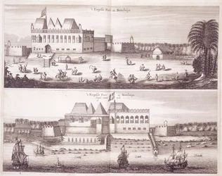 Vistas Frontal y del Lado del Agua del Fuerte Inglés en Bombay, 1672