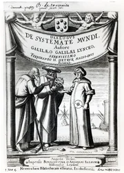 Frontispicio de Dialogus De Systemate Mundi por Galileo (1564-1642), publicado en Leiden 1635