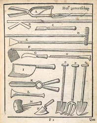 Herramientas de jardín, de The Dutch Gardener por Johann van der Groen, publicado en 1699