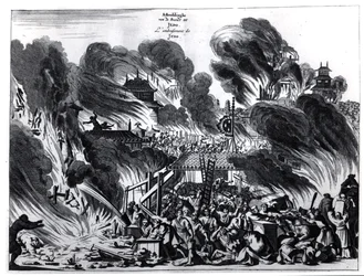 Gran incendio en Yedo (Tokio) en el siglo XVII, ilustración del relato de Arnold Montanus sobre las embajadas enviadas por la Compañía Holandesa de las Indias Orientales al Emperador de Japón, publicado en Ámsterdam en 1680