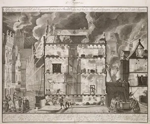 Ilustración que muestra cómo las nuevas mangueras largas de incendios podían alcanzar todas las partes de un edificio, de un libro sobre la lucha contra incendios en Holanda, publicado c.1700
