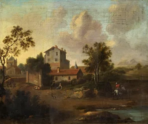 Paisaje con ruinas y un jinete en un caballo blanco