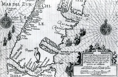 Mapa del Estrecho de Magallanes, placa de la descripción del viaje de Oliver van Noort, 1602
