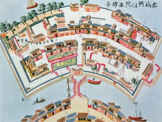 Plano de la fábrica holandesa en la isla de Desima en Nagasaki, de Illustrations of Japan por Isaac Titsingh, publicada en Londres, 1822