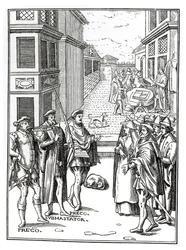 Venta por pregonero, después de un grabado en Praxis Rerum Civilium de Joos de Damhouder (1507-81) publicado en Amberes, 1557