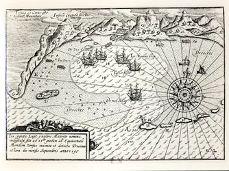 La llegada de la flotilla del vicealmirante Wybrandt Van Warwijck al puerto sureste de Mauricio en septiembre de 1598