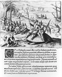 Los holandeses en Mauricio en 1598, grabado por de Bry