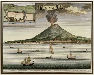 La Isla de Ternate, Molucas, Indonesia, ilustración de Oud Nieuw Oost-Indien, 1724-26