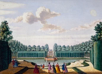 El camino junto al estanque hacia la casa, Meerestein, de Het Zeganpralent Kennemerlant por Hendrick de Leth y Matthias Brouerius Van Nidek, publicado c.1700-1730