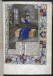 Traductor en el trabajo, de Hechos y dichos memorabilia (o Les Faits et les Dits des Romains), Royal 18 E III, f.24