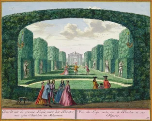Vista desde la logia verde hacia el teatro, de Het Zeganplant Kennemerlant, por Hendrick de Leth y Matthias Brouerius Van Nidek, publicado c.1700-1730