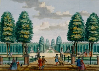 Vista desde la casa hacia la puerta principal, Meerestein, de Het Zeganpralent Kennemerlant por Hendrick de Leth y Matthias Brouerius Van Nidek, publicado c.1700-1730