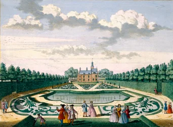 Vista de la Casa Adrichem con el jardín y el gran estanque, de Het Zeganpralent Kennemerlant por Hendrick de Leth y Matthias Brouerius Van Nidek, publicado c.1700-1730