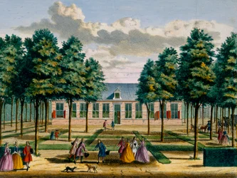 Vista de la Casa Jagerlust, de Het Zeganpralent Kennemerlant por Hendrick de Leth y Matthias Brouerius Van Nidek, publicado c.1700-1730