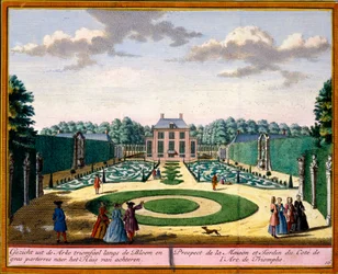 Vista de la casa y el jardín cerca del arco triunfal, de Het Zeganpralent Kennemerlant por Hendrick de Leth y Matthias Brouerius Van Nidek, publicado c.1700-30