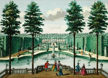 Vista del jardín desde la casa, Watervliet, de Het Zeganplant Kennemerlant, por Hendrick de Leth y Matthias Brouerius Van Nidek, publicado c.1700-1730