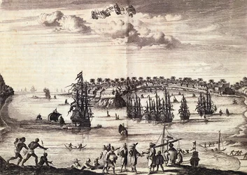 Vista del puerto y la ciudad de Galle, publicada en Ámsterdam 1676