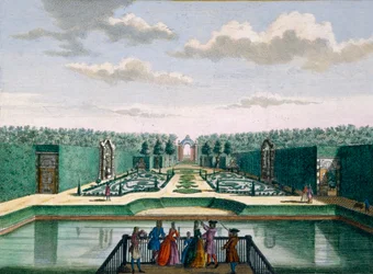 Vista del parterre y el arco triunfal, Meerestein, de Het Zeganpralent Kennemerlant por Hendrick de Leth y Matthias Brouerius Van Nidek, publicado c.1700-1730