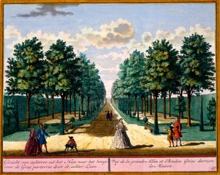 Vista del paseo en la parte trasera de la casa, de Het Zeganpralent Kennemerlant por Hendrick de Leth y Matthias Brouerius Van Nidek, publicado c.1700-30