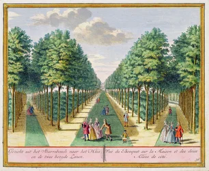 Vista del bosque hacia la casa y las dos avenidas laterales, Watervliet, de Het Zegenpralent Kennemerlant, por Hendrick de Leth y Matthias Brouerius Van Nidek, publicado c.1700-1730
