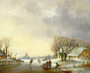 Escena de invierno con un molino de viento