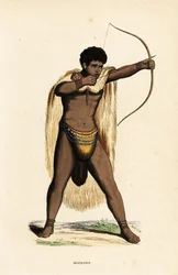 Hombre khoikhoi con capa de piel de animal, taparrabos de cuentas, con arco y flecha