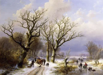Un paisaje invernal boscoso con figuras, 1863