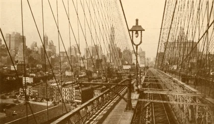 Manhattan Bajo Visto a Través de la Red de Cables en el Puente Colgante de Brooklyn, c1930